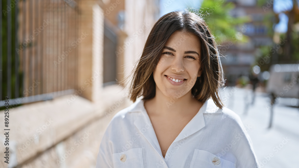 Young beautiful hispanic woman standing smiling at the street Young beautiful hispanic woman standing smiling at the street