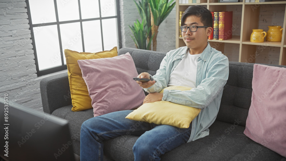 Handsome asian man lounging on a sofa with a remote control in a modern living room. Handsome asian man lounging on a sofa with a remote control in a modern living room.
