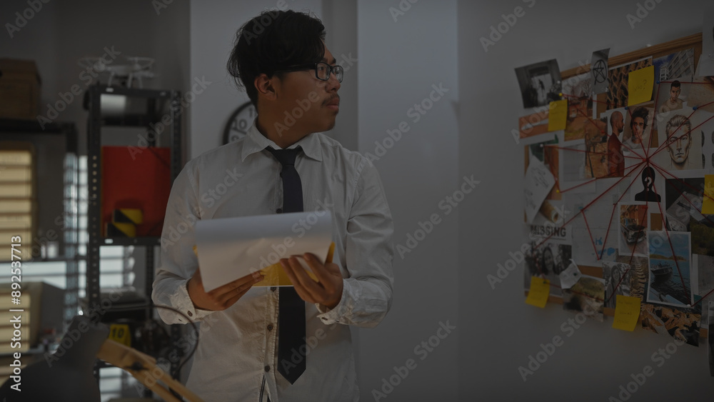 A focused asian man analyzes evidence in a detective's room filled with photos and notes on a corkboard. A focused asian man analyzes evidence in a detective's room filled with photos and notes on a corkboard.