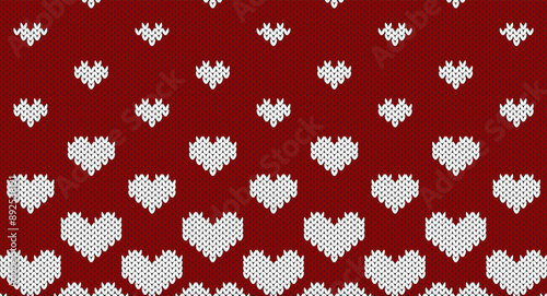 Red heart on white knitted pattern, Festive Sweater Design. Seamless Knitted Pattern, Christmas knitted patten.