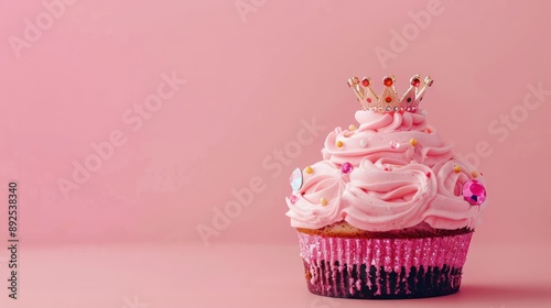 playful princess tiara cake with pink frosting and edible jewels on a pastel pink background, magical and perfect for fairy tale text