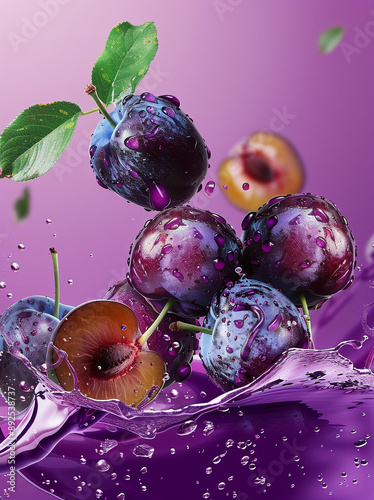 fresh plums with watersplashes in front of purple background photo