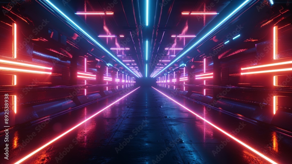 Futuristic neon laser lines in tunnel, bright lights, wide angle view for abstract background Futuristic neon laser lines in tunnel, bright lights, wide angle view for abstract background