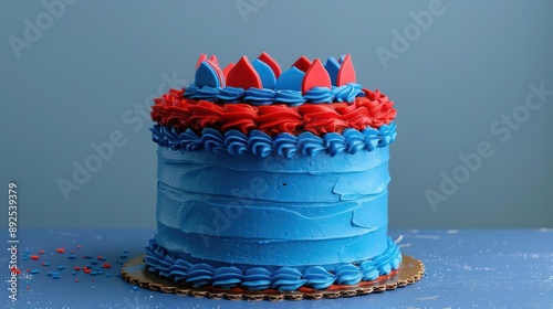 playful superhero cake with bold red and blue frosting on a royal blue background, ideal for adventurous text