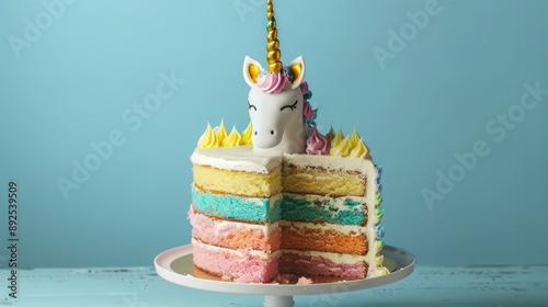 playful unicorn cake with pastel rainbow layers and a shimmering horn on a sky blue background, magical and perfect for dreamy themes