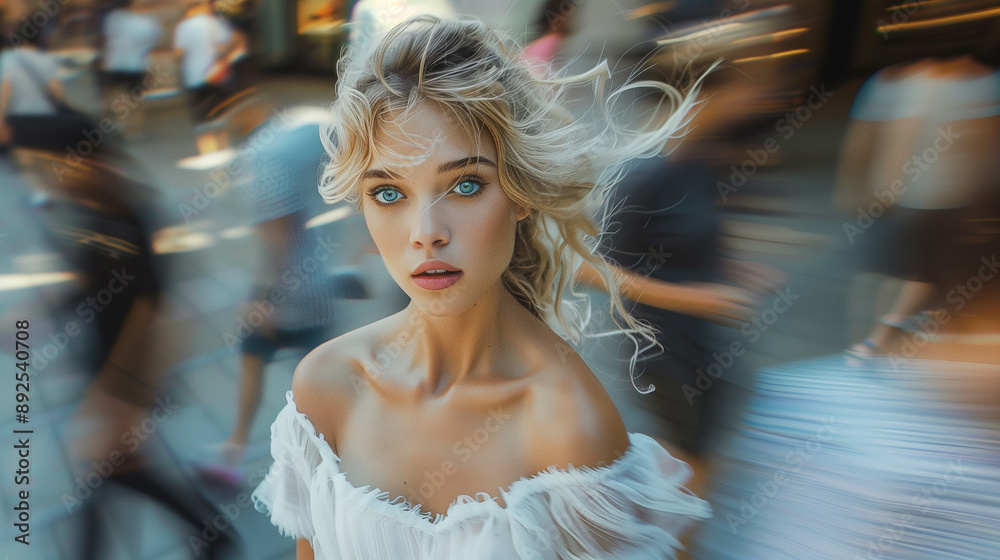Naklejka premium fashion photography, model in the middle of a busy street, with motion blur of people around her, with blond hair, wearing a white dress