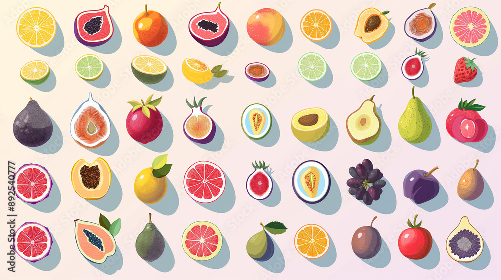 A set of flat vector illustrations in the cartoon style with simple strokes and a colorful illustration of various fruits A set of flat vector illustrations in the cartoon style with simple strokes and a colorful illustration of various fruits