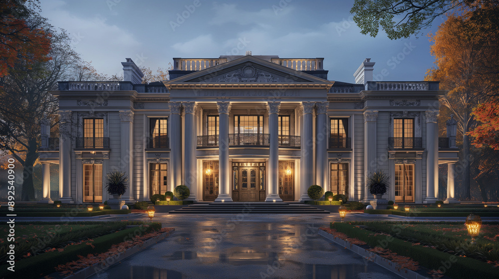 Naklejka premium an elegant neoclassical mansion with large columns and a grand entrance, incorporating elements of architectural harmony to create a sophisticated exterior for the home