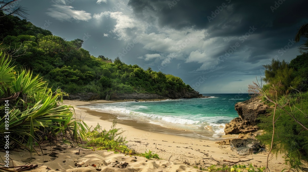 Sandy beach enclosed by lush stormy greenery Sandy beach enclosed by lush stormy greenery