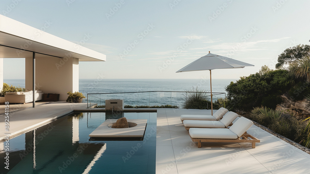 Fototapeta premium photo of an outdoor pool area with loungers, umbrella and white concrete walls overlooking the ocean