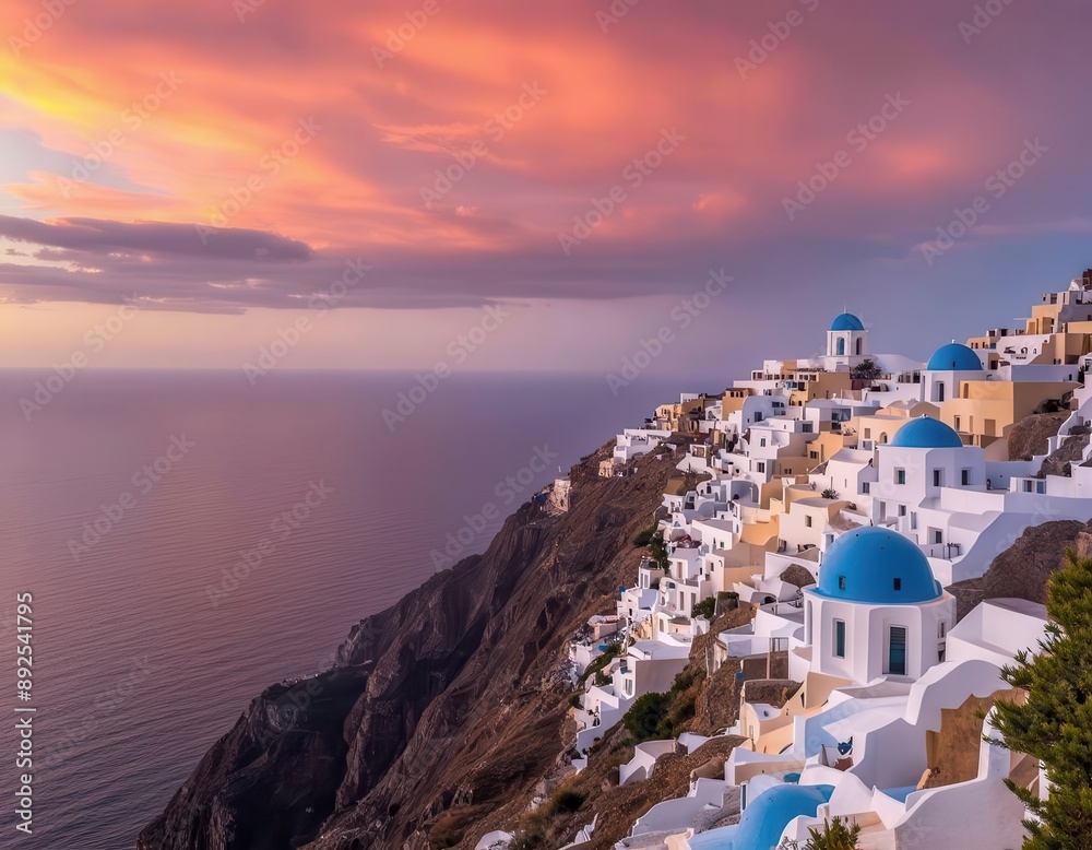 Fototapeta premium Spectacular View of White Houses on a Cliff Edge with Blue Domes and Clouds in the Sky