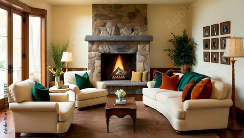 Living room with fireplace interior stock photo