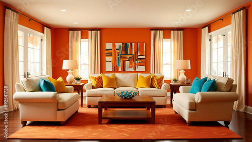 Living room with orange walls.