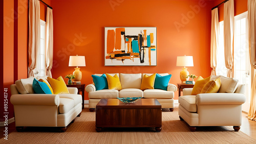Living room with orange walls.