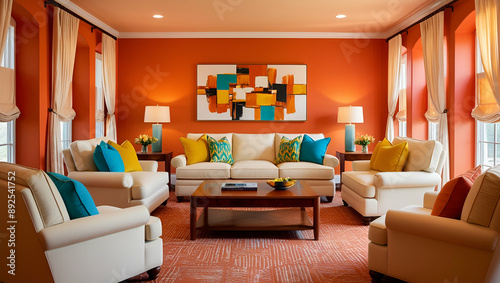 Living room with orange walls.