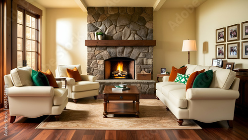 Living room with fireplace interior stock photo