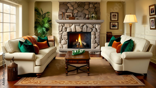 Living room with fireplace interior stock photo