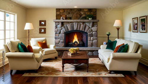 Living room with fireplace interior stock photo