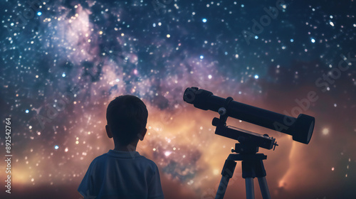 A little boy looks through a telescope under the bright Milky Way galaxy.