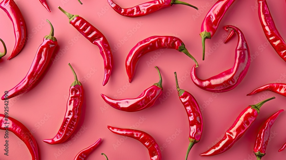 A close up of red peppers on a pink background. The peppers are arranged in a pattern, with some overlapping and others standing alone. Scene is warm and inviting A close up of red peppers on a pink background. The peppers are arranged in a pattern, with some overlapping and others standing alone. Scene is warm and inviting