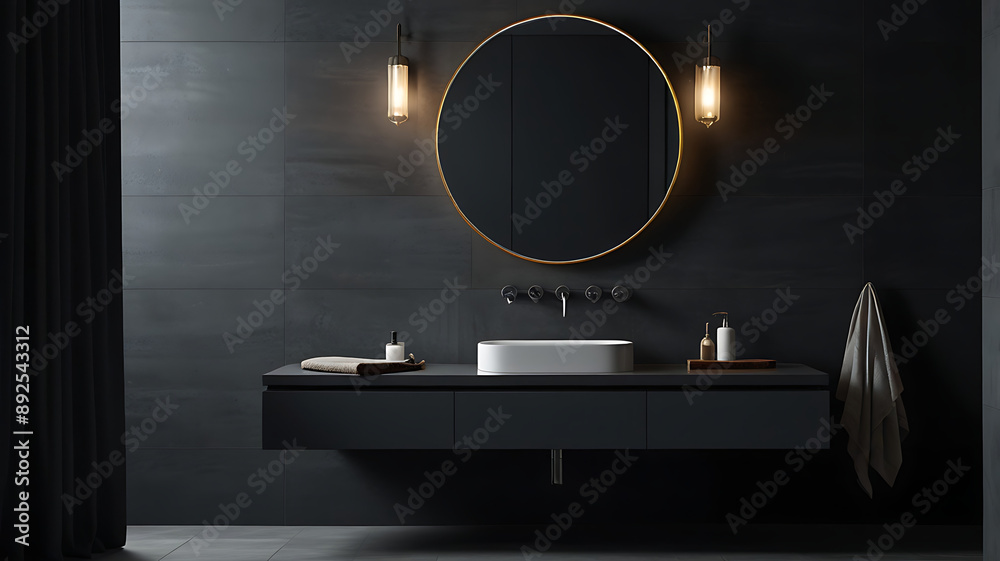 A Modern elegant minimalistic dark gray, bathroom interior design with a wall, sink and faucet
A Modern elegant minimalistic dark gray, bathroom interior design with a wall, sink and faucet