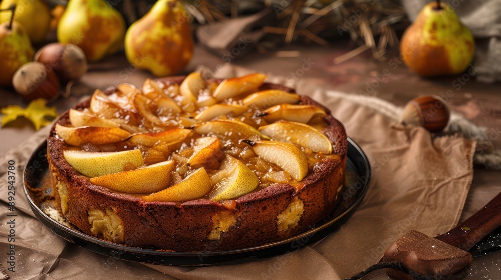 rustic chestnut and pear cake with caramelized pears on a soft brown background, cozy and perfect for inviting autumn text rustic chestnut and pear cake with caramelized pears on a soft brown background, cozy and perfect for inviting autumn text