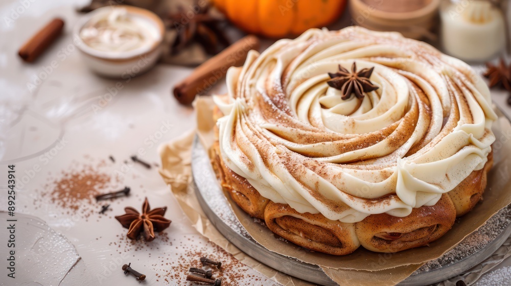 rustic cinnamon roll cake with cream cheese frosting on a light brown background, cozy and perfect for autumn text rustic cinnamon roll cake with cream cheese frosting on a light brown background, cozy and perfect for autumn text