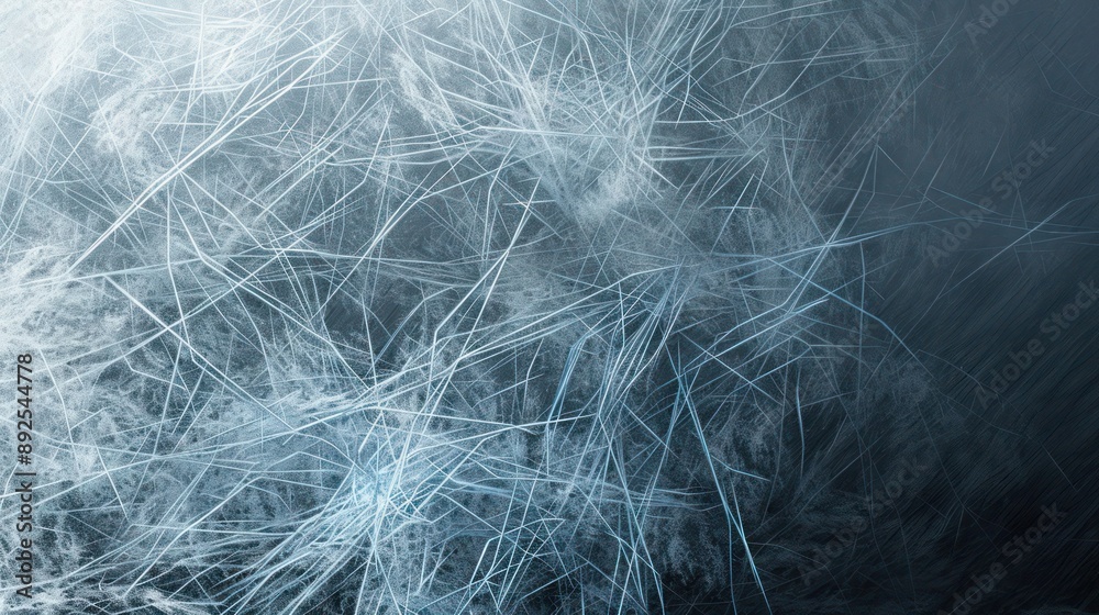 Obraz premium Silver and pale blue lines forming a frost-like network against a dark grey backdrop, spacious for text