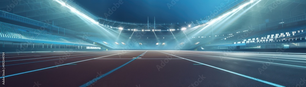 Wide angle view of an empty, illuminated running track at a sports stadium under a night sky, ready for professional athletics events. Wide angle view of an empty, illuminated running track at a sports stadium under a night sky, ready for professional athletics events.