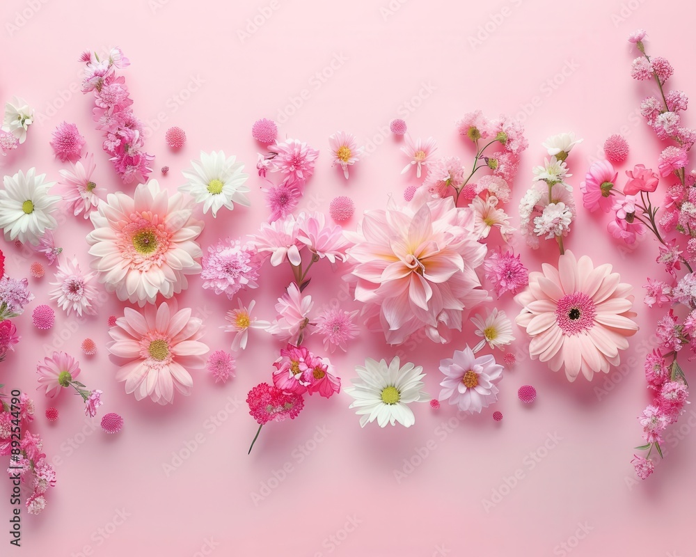 Light pink background banner with flowers, flat lay style, springtime composition, ample copy space, perfect for wedding, Mothers Day, or Womens Day Light pink background banner with flowers, flat lay style, springtime composition, ample copy space, perfect for wedding, Mothers Day, or Womens Day
