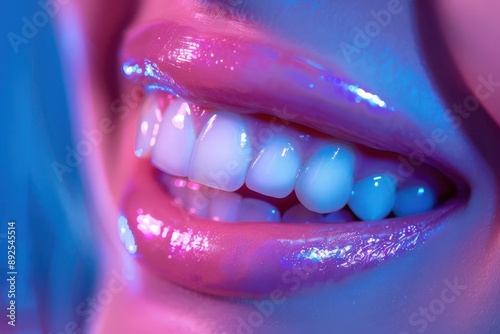 Close-up of a woman's smile with glossy pink lips and white teeth illuminated by neon blue and pink light.