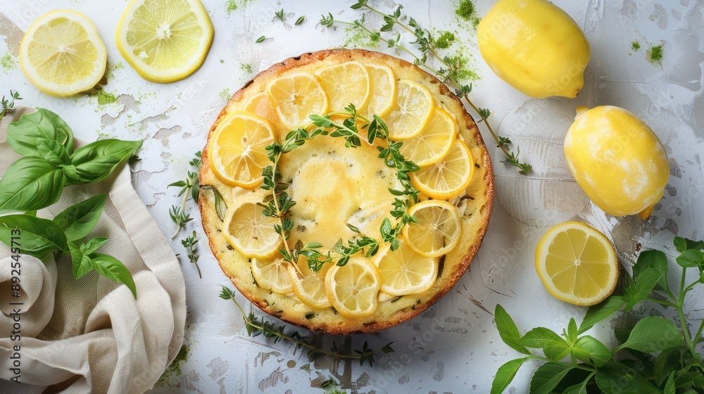 rustic lemon and herb cake with fresh herbs on a pale lemon background, refreshing and ideal for natural text rustic lemon and herb cake with fresh herbs on a pale lemon background, refreshing and ideal for natural text