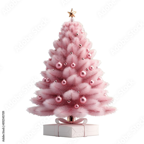 Pink christmas pine tree with colorful balls and gift boxes for clip art element object. Celebration on Christmas holiday
