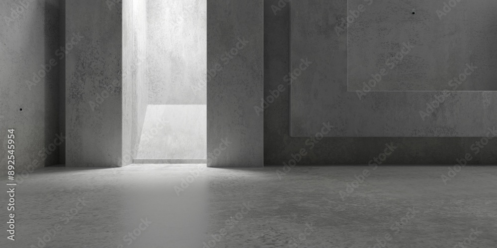 Abstract empty, modern concrete room with light shaft and pillars in the back and rough floor - industrial interior background template Abstract empty, modern concrete room with light shaft and pillars in the back and rough floor - industrial interior background template