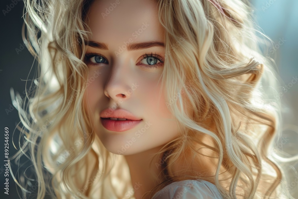 Close-up portrait of a young woman with stunning blue eyes and luscious curls Close-up portrait of a young woman with stunning blue eyes and luscious curls