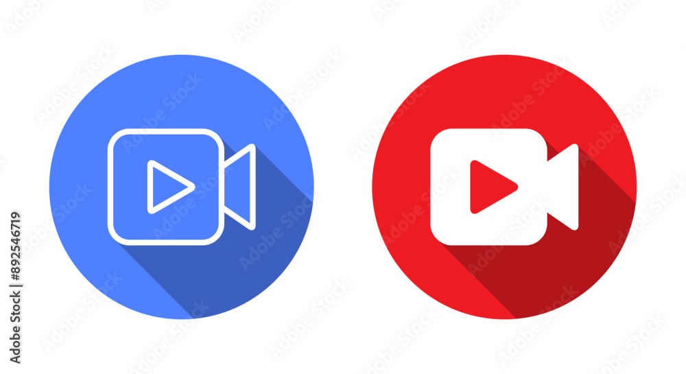 Video camera with play button icon with long shadow Video camera with play button icon with long shadow