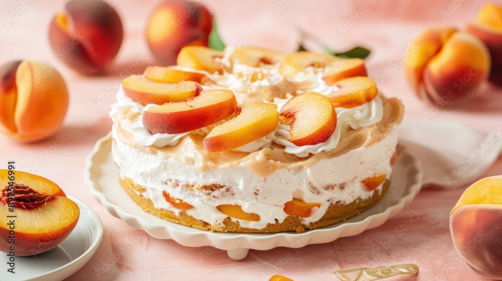 rustic peach and cream cake with fresh peach slices and whipped cream on a peach background, cozy and inviting for summer gatherings rustic peach and cream cake with fresh peach slices and whipped cream on a peach background, cozy and inviting for summer gatherings