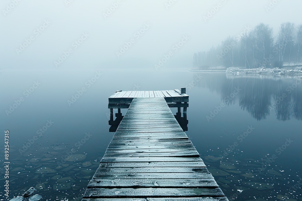 Obraz premium A wooden pier is in front of a body of water. The water is calm and the sky is overcast