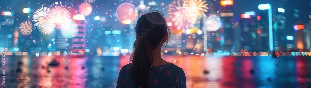 Silhouette of a woman standing in front of a city skyline with vibrant lights. Silhouette of a woman standing in front of a city skyline with vibrant lights.