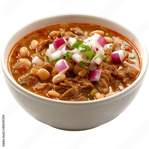 Isolated Bowl of Pozole with Meat, Beans, and Toppings Without Background photo