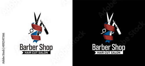 Vintage barber shop logo design, haircut salon with scissors and razor symbol