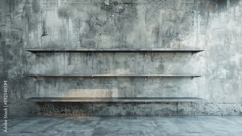 Bare cement room with shelves for product display on a concrete backdrop