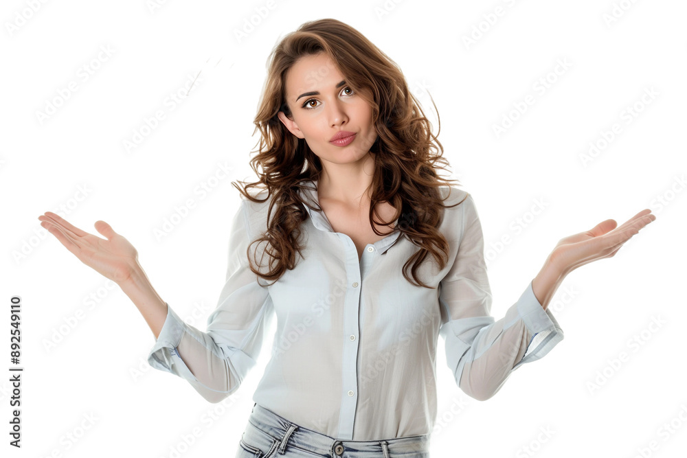 Woman shrugs,confused about something,isolated on white background,web banner Woman shrugs,confused about something,isolated on white background,web banner
