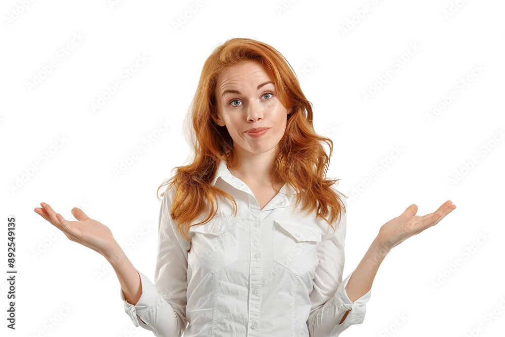 Woman shrugs,confused about something,isolated on white background,web banner Woman shrugs,confused about something,isolated on white background,web banner