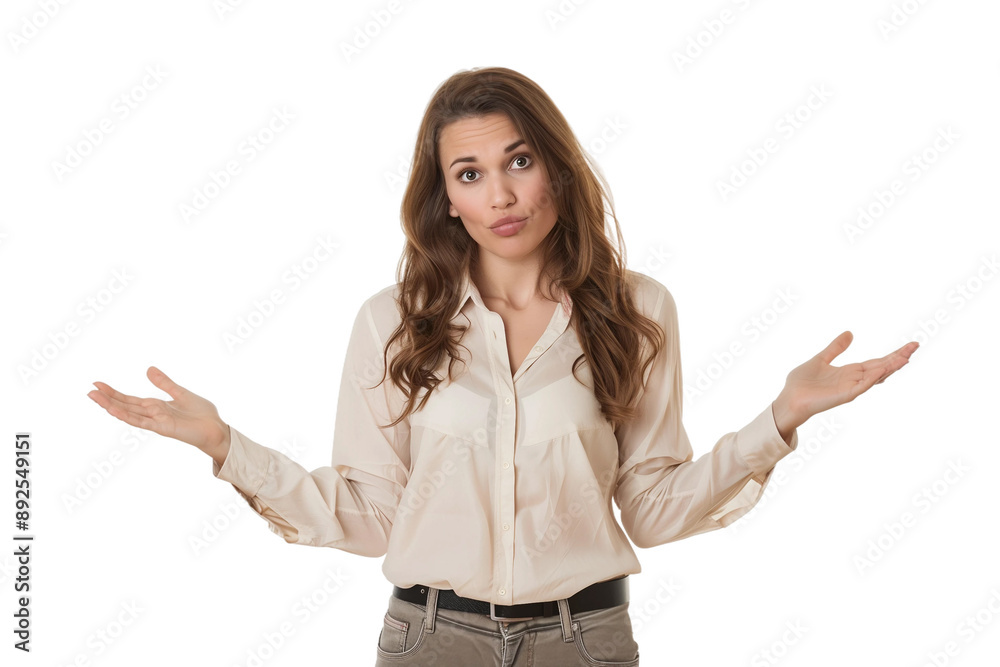 Woman shrugs,confused about something,isolated on white background,web banner Woman shrugs,confused about something,isolated on white background,web banner