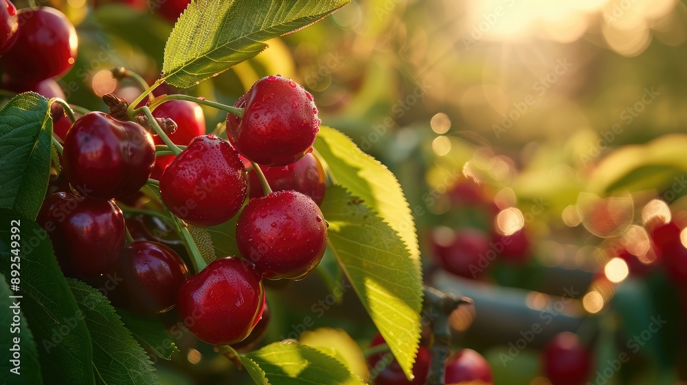 A close-up of a bunch of ripe cherries with leaves, glistening in the sunlight. A close-up of a bunch of ripe cherries with leaves, glistening in the sunlight.