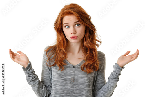 Woman shrugs,confused about something,isolated on white background,web banner photo