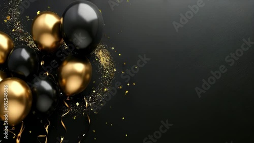 A bunch of black and gold balloons with confetti and bokeh lights on a dark background. Celebration birthday party concept. Copy space for text.