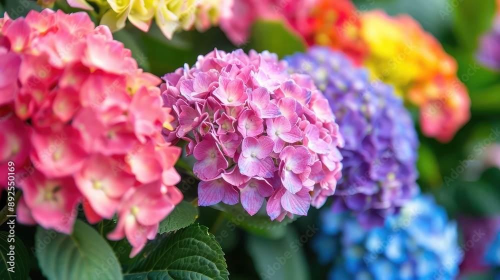 A close-up of a hydrangea, showcasing its large, colorful blooms. A close-up of a hydrangea, showcasing its large, colorful blooms.