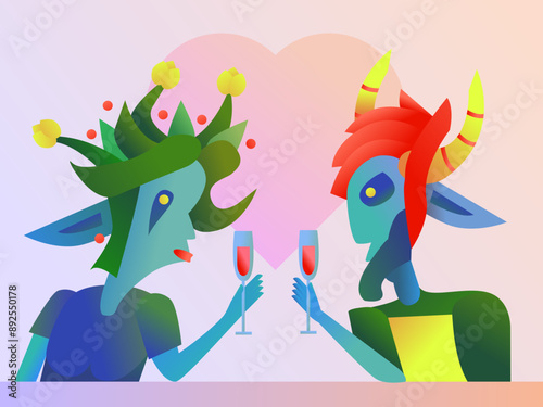 dryad and satyr drinking wine illustration